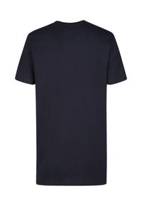 Camiseta de manga corta de color azul marino, hecha de algodón suave, con un cuello redondo y un dobladillo recto, sin gráficos ni patrones visibles.