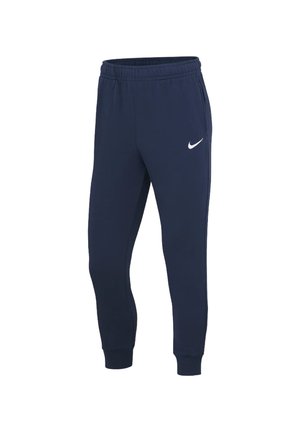 Granatowe spodnie dresowe Nike z elastyczną talią, bocznymi kieszeniami, ściągaczami przy kostkach i białym logo Nike Swoosh na lewej udzie.