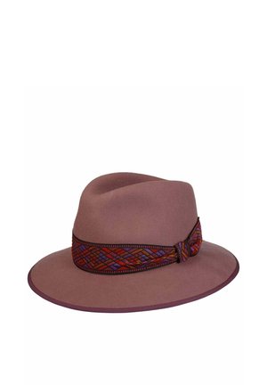 Brown fedora hat with wide brim and a decorative red, purple, and orange patterned fabric band tied around the base.