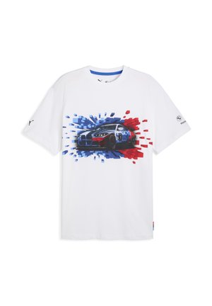 White t-shirt featuring a blue and red graphic of a race car surrounded by abstract blocks, with a Puma logo on the sleeve.
