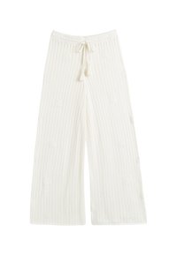 Pantaloni bianchi a gamba larga con vita regolabile tramite cordino, caratterizzati da un motivo testurizzato di piccoli motivi su tutta la stoffa.
