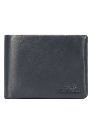 Dark gray leather wallet with a smooth texture, rectangular shape, and embossed logo detail on the bottom right corner.