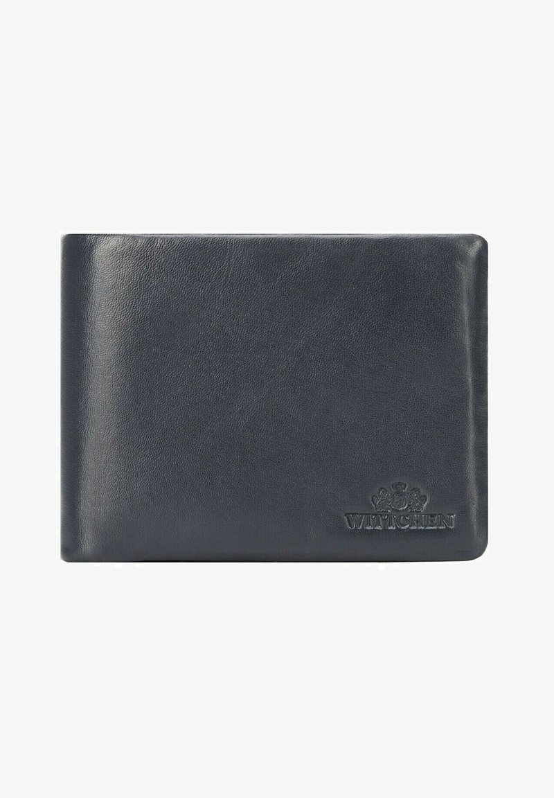 Portafoglio in pelle grigio scuro con texture liscia, forma rettangolare e dettaglio del logo impresso nell'angolo in basso a destra.