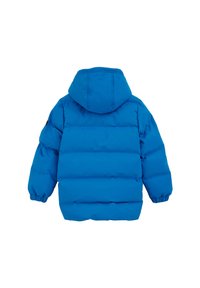 Chaqueta de plumas azul con capucha, que presenta un diseño acolchado, puños elásticos y una textura suave. Sin ninguna marca visible en la parte posterior.