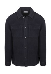 Marineblauwe wollen jas met voorste drukknoopsluiting, twee borstzakken met klep, een kraag en lange mouwen.