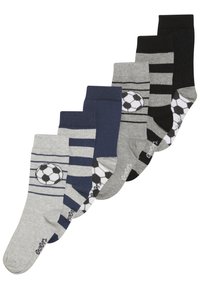 Set de șapte șosete în nuanțe variate de gri și albastru, cu motive de minge de fotbal, dungi și modele solide. Material din amestec de bumbac.