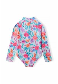 Heldräkt med lång ärm i ljuslila bas med livfulla blommönster i rosa, orange och grönt. Tillverkad av stretchigt, lätt material.