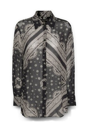 Camicia a maniche lunghe con motivo in bianco e nero, design paisley, tessuto leggero, chiusura con bottoni e colletto.