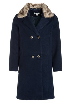 Manteau croisé bleu marine avec manches trois-quarts et col amovible en fausse fourrure beige et marron.