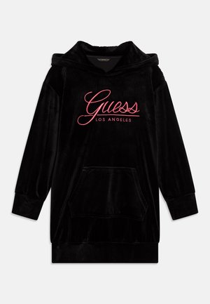 Černá kordurová mikina s kapucí, přední kapsou, žebrovanými manžetami a růžovým vyšívaným logem "Guess Los Angeles" na prsou.