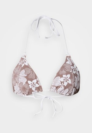 Brun bikini top med blomstermønster og hvide accenter, med trekantet form, tekstureret overflade og justerbare bindebånd til lukning.