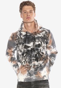 Kapuzensweatshirt mit einem Schädel-Graphic, Batikmuster in Grautönen und Beigetönen, Baumwollmischung, gerippte Bündchen und Kordelzug an der Kapuze.