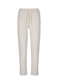 Light beige sweatpants made of soft material. Features an elastic waistband with drawstring and logo detail on the side. Tapered leg design.