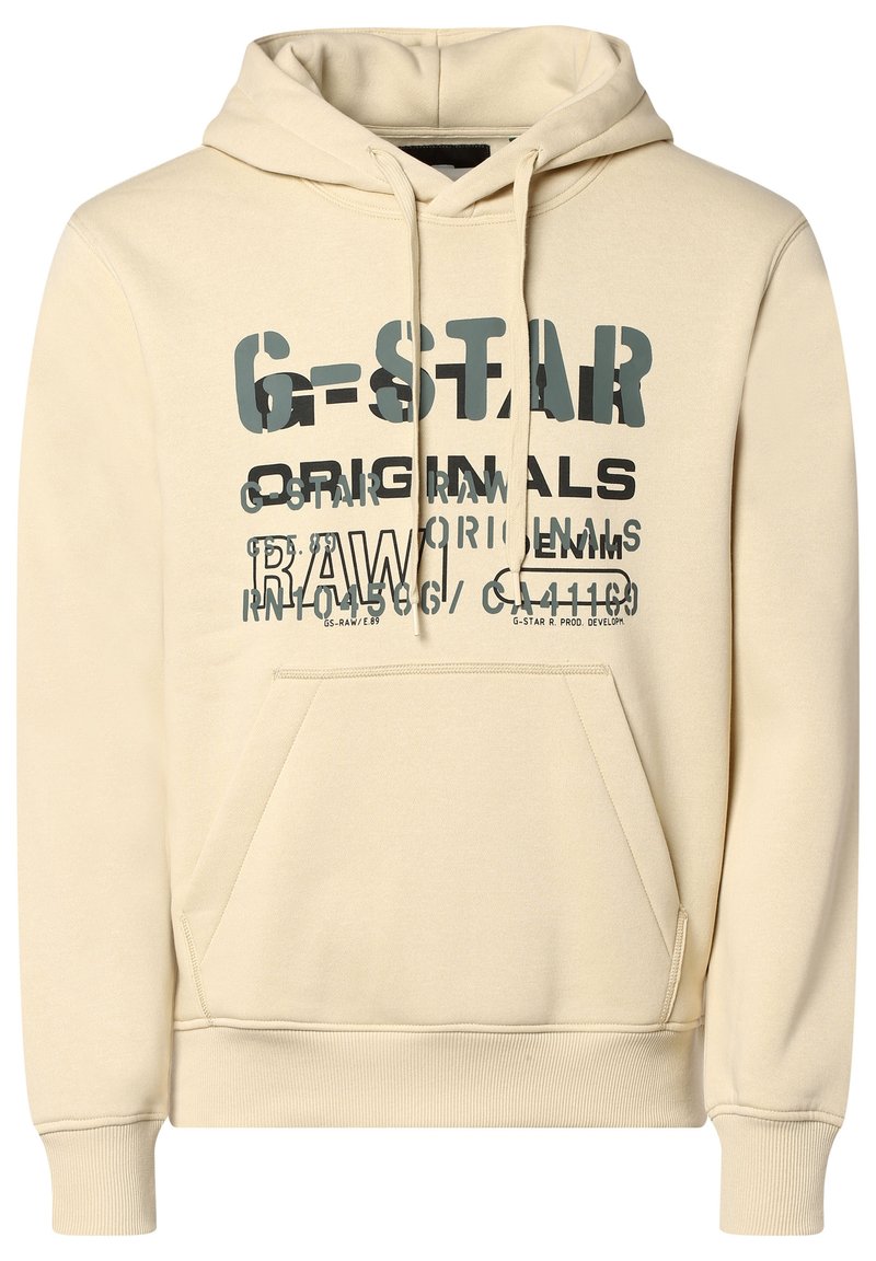 Felpa con cappuccio beige realizzata in tessuto morbido, con tasca a kangaroo frontale, testo grafico nero e verde, e polsini e orlo a costine.