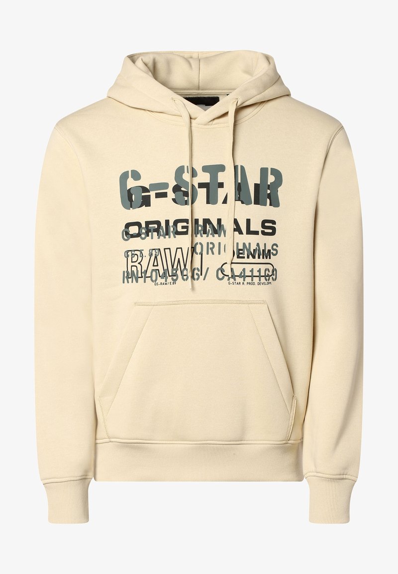 Felpa con cappuccio beige realizzata in tessuto morbido, con tasca a kangaroo frontale, testo grafico nero e verde, e polsini e orlo a costine.