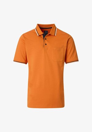Kortærmet orange polo t-shirt lavet af bomuld med en tre-knaps knaplukning, marinefarvede detaljer og en brystlomme. Vandrette striber på kraven.
