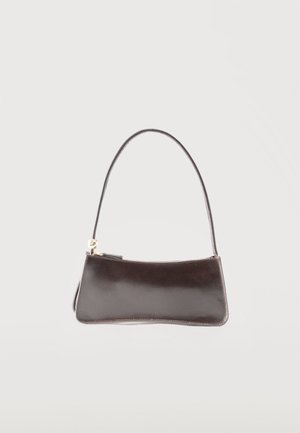 Small rectangular dark brown leather handbag with a single strap and gold zipper closure.
