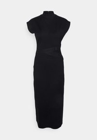 Černé midi šaty s vysokým límcem, krátkými rukávy a diagonálním pasem s embosovaným logem. Vyrobeno z elastického, hladkého materiálu.