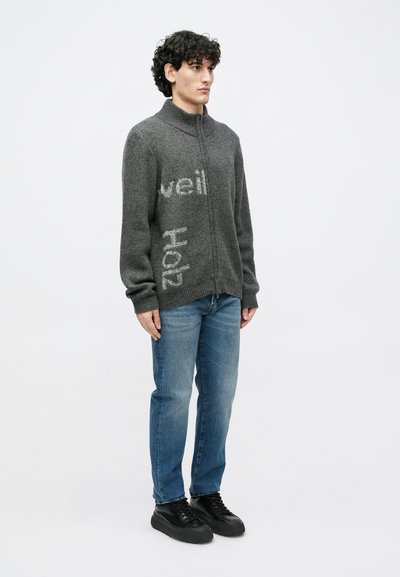 Pilkas megztas susisegamas megztinis su teksto detalėmis, derinamas su mėlynais džinsais ir juodais sportbačiais. Megztinis turi aukštą apykaklę ir laisvą siluetą.