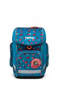 Zaino scolastico blu e rosso a pois con tasca frontale, compartimenti laterali e un distintivo che raffigura un cavaliere su un cavallo.