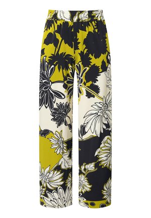Wijde broek met elastische taille, voorzien van een gedurfde zwart-witte bloemenprint op een olijfgroene en crèmekleurige achtergrond.