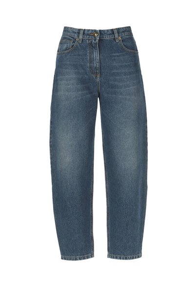 Blue high-waist denim jeans with front button and zipper, classic five-pocket design, and straight-leg cut.