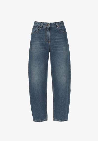 Zilas augsta jostas vieta džinsu bikses ar priekšējo pogu un rāvējslēdzēju, klasiskā piecu kabatu dizains un taisna kāja.