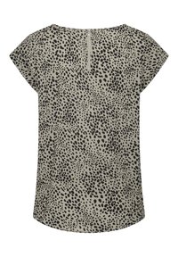 Korte mouwen blouse in beige met een zwart gespikkeld patroon. Heeft een ronde halslijn en een ritsluiting aan de achterkant. Zachte, gestructureerde stof.