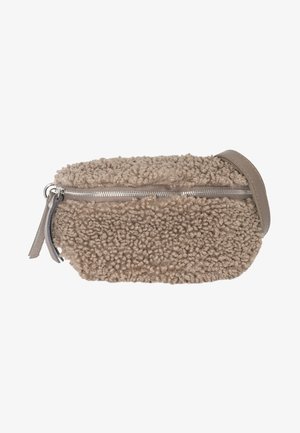 Brown textured bag made of soft, fluffy material with a zipper closure and a grey leather strap. Oval shape with a compact design.