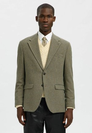 Houndstooth-mönstrad kavaj i dämpade gröna och bruna nyanser, med skräddarsydd passform, notch-lapel och två fickor fram.