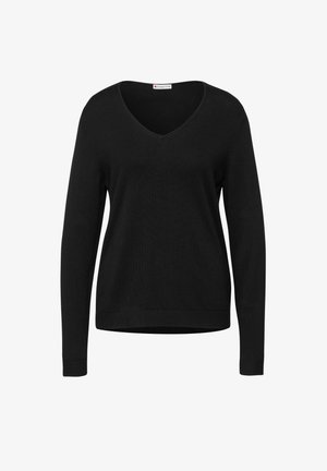 Svart stickad tröja med V-ringning, långa ärmar och ribbstickade manschetter och fåll. Lätt tyg med en slät struktur, utan mönster eller detaljer.