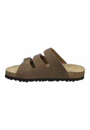 Braune Wildleder-Sandale mit drei verstellbaren Riemen, Korkfußbett und strukturiertem Gummiaußensohle. Offene Zehen- und seitliche Ausschnittgestaltung.