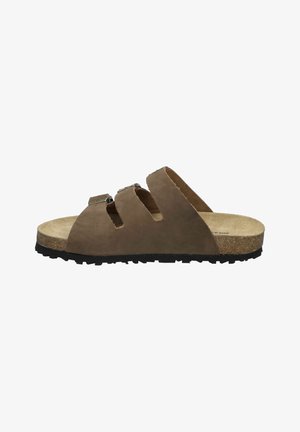 Brown suede slide sandal with three adjustable straps, cork footbed, and a textured rubber outsole. Open-toe and side cutout design.