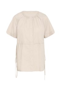 Kortærmet button-up skjorte i lys beige bomuld med samlet hals, justerbare bindebånd i siderne og en afslappet pasform.