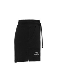 Pantalones cortos de algodón negros con cintura elástica regulable, que presentan bolsillos laterales y un logo de Kappa bordado en blanco en la parte delantera inferior.