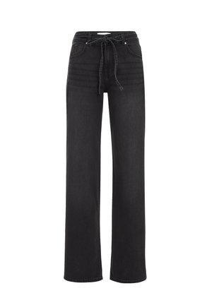 Schwarzweite Jeans mit weitem Bein, verstellbarem Kordelzug in der Taille und Seitentaschen, vor einem schlichten weißen Hintergrund präsentiert.