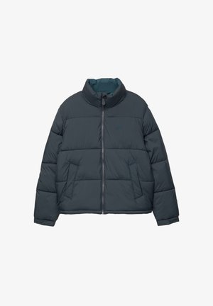 Dunkelgraue Steppjacke mit hohem Kragen, Front-Reißverschluss und seitlichen Taschen mit gestepptem Muster. Innenfutter in kontrastierender Farbe.