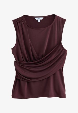Burgundowa bezrękawnik wykonany z miękkiej tkaniny, z zasłoniętym przodem i marszczonymi akcentami na ramionach.