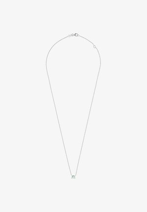 Zarte silberne Kettenhalskette mit einem kleinen, quadratisch geschliffenen klaren Edelsteinhängerde und einem Karabinerverschluss.