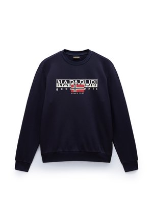 Marineblauwe sweatshirt met een ronde hals, lange mouwen en ribbelmanchetten. Voorzien van een grafisch ontwerp aan de voorkant met "NAPAPIJRI" en een Noorwegen vlag ontwerp.