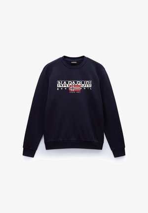 Felpa blu navy con scollo rotondo, maniche lunghe e polsini a coste. Caratterizzata da una grafica frontale con "NAPAPIJRI" e un design della bandiera norvegese.