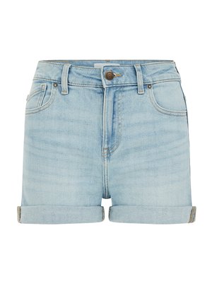 Shorts en denim bleu clair avec ourlets retroussés, bouton à l'avant, fermeture éclair, passants de ceinture et design à cinq poches.