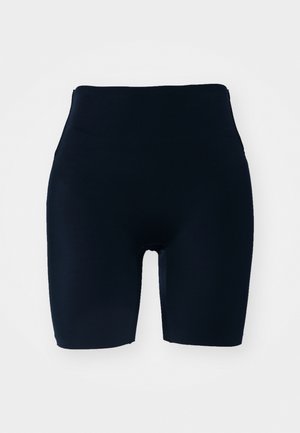 High-waisted bike shorts in solid black fabric. Smooth texture with a stretchy fit, featuring a mid-thigh length design and no visible seams.