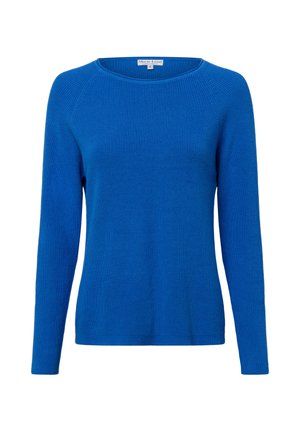 Blauwe gebreide trui met lange mouwen, ronde halslijn en een gestructureerde stof. Heeft raglanmouwen en een getailleerde taille.
