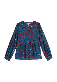 Błękitna bluzka z długimi rękawami, w kwiatowy wzór w odcieniach czerwieni, niebieskiego i zieleni, z okrągłym dekoltem i plisowanym wykończeniem z przodu.