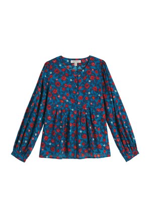 Azúrová blúzka s dlhými rukávmi, kvetinový vzor v červenej, modrej a zelenej farbe, s okrúhlym výstrihom a skladaným dizajnom pozdĺž prednej časti.