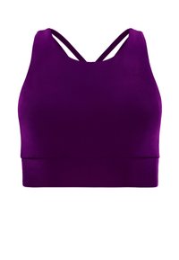 Purple sports bra with a high neckline and thin double shoulder straps crossing at the back.