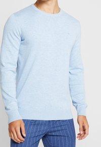 Light blue sweater made of soft material, featuring a round neckline and long sleeves. Ribbed cuffs and hem. Casual design paired with striped pants.