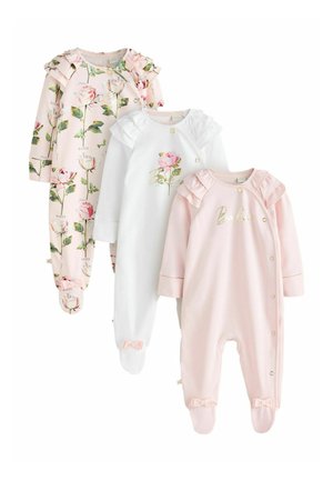 Three baby girls' footed pajamas with ruffle shoulders, featuring floral patterns and pastel pink and white colors with front snap closures.