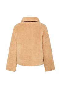 Béžová zkrácená bunda z faux beránka s jemnou strukturou, skládacími límcem a dlouhými rukávy. Minimalistický design bez viditelných zapínání.